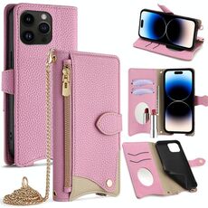 Per iPhone 14 Pro Max Custodia a tracolla in pelle Litchi a coda di pesce con catena a tracolla (rosa)