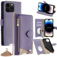 Per iPhone 14 Pro Max Custodia a tracolla in pelle Litchi con catena a coda di pesce (viola)