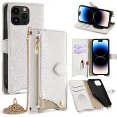 Per iPhone 14 Pro Max Custodia a tracolla in pelle Litchi con motivo a coda di pesce (bianca)