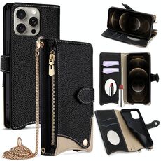 Per iPhone 12 / 12 Pro Crossbody Chain Fishtail Litchi Custodia per telefono in pelle (nero)