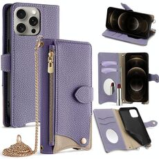 Per iPhone 12 Pro Max Custodia a tracolla in pelle Litchi con catena a coda di pesce (viola)