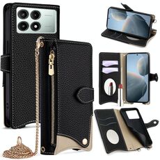 Per Redmi K70E / Xiaomi Poco X6 Pro Crossbody Chain Fishtail Litchi Custodia in pelle per telefono (nero)