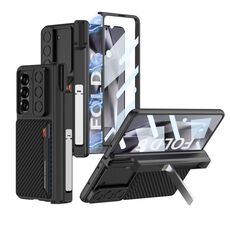 Per Samsung Galaxy Z Fold6 GKK Custodia per telefono con cerniera pieghevole magnetica integrata, custodia per obiettivo scorrevole con slot per penna (fibra di carbonio)