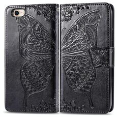 Per iPhone 16e Custodia per telefono in pelle goffrata con motivo a farfalla e fiori (nero)