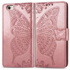 Per iPhone 16e Custodia per telefono in pelle goffrata con motivo a farfalla e fiori (oro rosa)