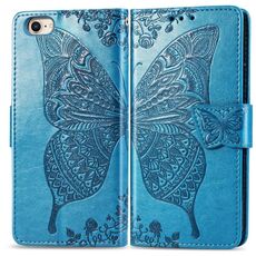 Per iPhone 16e Custodia per telefono in pelle goffrata con motivo a farfalla e fiori (blu)