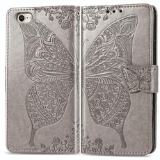 Per iPhone 16e Custodia per telefono in pelle goffrata con motivo a farfalla e fiori (grigio)