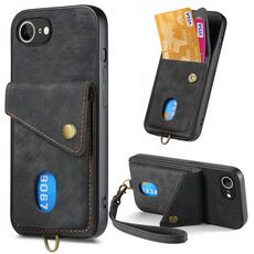 Per iPhone 16e Retro Card Wallet Fold Custodia in pelle per telefono con cinturino (nero)