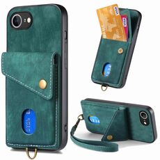 Per iPhone 16e Retro Card Wallet Fold Custodia in pelle per telefono con cinturino (verde)