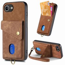 Per iPhone 16e Retro Card Wallet Fold Custodia in pelle per telefono con cinturino (marrone)