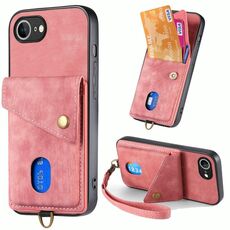 Per iPhone 16e Retro Card Wallet Fold Custodia in pelle per telefono con cinturino (rosa)