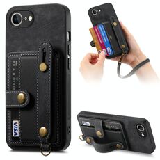 Per iPhone 16e Retro Cross Wristband Portafoglio Custodia in pelle per telefono posteriore (nero)