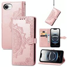 Per iPhone 16e Custodia in pelle goffrata con motivo mandala e fiore (oro rosa)