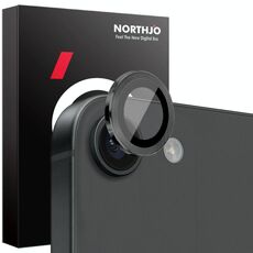Per iPhone 16e NORTHJO Pellicola protettiva per obiettivo della fotocamera CD con anello in metallo in vetro temperato (nero)