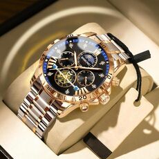 Orologio al quarzo luminoso con volano impermeabile BINBOND B3103 30M, colore: oro rosa inter-nero blu