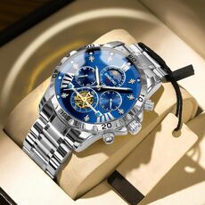 Orologio al quarzo luminoso con volano impermeabile BINBOND B3103 30M, colore: acciaio bianco-superficie blu