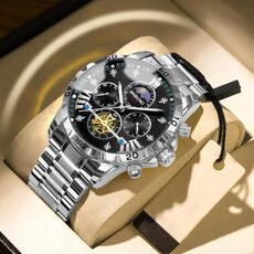 Orologio al quarzo luminoso con volano impermeabile BINBOND B3103 30M, colore: acciaio bianco-superficie nera