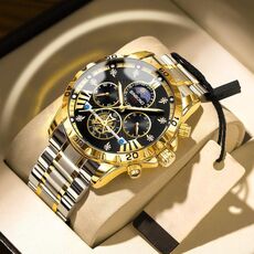 Orologio al quarzo luminoso con volano impermeabile BINBOND B3103 30M, colore: Inter-gold Black Gold Nail