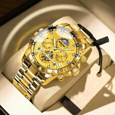 Orologio al quarzo luminoso con volano impermeabile BINBOND B3103 30M, colore: superficie oro pieno-oro