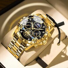 Orologio al quarzo luminoso con volano impermeabile BINBOND B3103 30M, colore: oro pieno-nero-anello oro