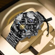 Orologio al quarzo luminoso con volano impermeabile BINBOND B3103 30M, colore: acciaio nero, chiodo nero-bianco