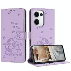 Per OPPO Reno13 5G Custodia in pelle per telefono con motivo a gattino in rilievo globale con cordino (viola)