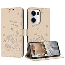 Per OPPO Reno13 5G Custodia in pelle per telefono con motivo a gattino in rilievo globale con cordino (beige)