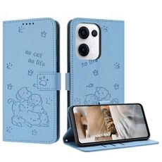 Per OPPO Reno13 5G Custodia in pelle per telefono con motivo a gattino in rilievo globale con cordino (blu)
