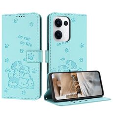 Per OPPO Reno13 5G Custodia in pelle con motivo a gattino in rilievo globale con cordino (verde menta)