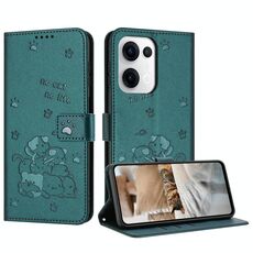 Per OPPO Reno13 5G Custodia in pelle per telefono con motivo a gattino in rilievo globale con cordino (verde scuro)