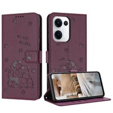 Per OPPO Reno13 5G Custodia in pelle con motivo a gattino in rilievo globale con cordino (rosso vino)