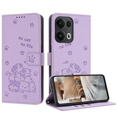 Per OPPO Reno13 Pro 5G Custodia in pelle per telefono con motivo a gattino in rilievo globale con cordino (viola)