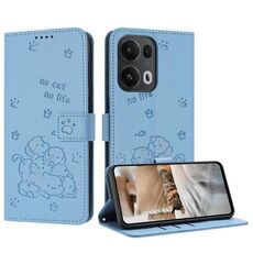 Per OPPO Reno13 Pro 5G Custodia in pelle per telefono con motivo a gattino in rilievo globale con cordino (blu)