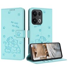 Per OPPO Reno13 Pro 5G Custodia in pelle con motivo a gattino in rilievo globale con cordino (verde menta)