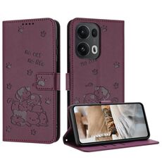 Per OPPO Reno13 Pro 5G Custodia in pelle con motivo a gattino in rilievo globale con cordino (rosso vino)