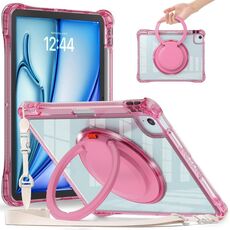 Per iPad Air 13 2024/2025 Custodia per tablet in TPU ibrida trasparente per PC con maniglia ad anello rotante (rosso rosa)