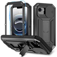 Per iPhone 16e R-JUST Custodia per telefono con supporto impermeabile IP54 Life con fotocamera scorrevole (nero)