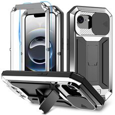 Per iPhone 16e R-JUST Custodia per telefono con supporto impermeabile IP54 Life con fotocamera scorrevole (argento)