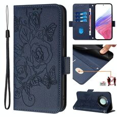 Per Honor X9c Smart 5G Custodia in pelle antifurto RFID con motivo a rosa in rilievo (blu scuro)