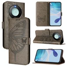 Custodia per telefono in pelle con motivo a farfalla in rilievo per Honor X9C Smart Global (grigio)