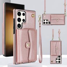 Per Samsung Galaxy S24 Ultra 5G Custodia per telefono con slot per schede RFID e cordino lungo (oro rosa)