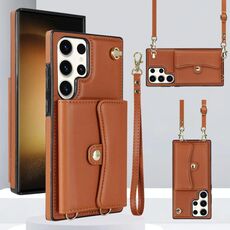 Per Samsung Galaxy S24 Ultra 5G Custodia per telefono con slot per schede RFID e cordino lungo (marrone)