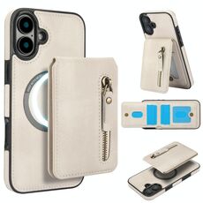 Per iPhone 16 Custodia per telefono con cerniera e supporto posteriore in pelle MagSafe (bianca)
