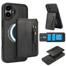 Per iPhone 16 Custodia per telefono con cerniera e supporto posteriore in pelle MagSafe (nero)