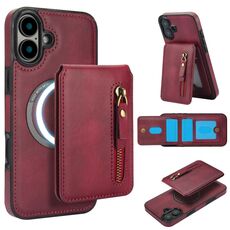 Per iPhone 16 Custodia per telefono con cerniera e supporto posteriore in pelle MagSafe (rosso)