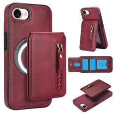 Per iPhone 7/8/SE 2022 Custodia per telefono con cerniera e supporto posteriore in pelle MagSafe (rosso)