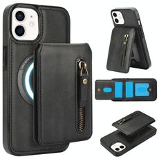 Per iPhone 12 mini Custodia per telefono con cerniera e supporto posteriore in pelle MagSafe (nero)