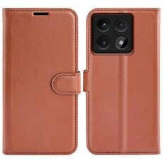 Custodia per telefono in pelle con texture Litchi per Xiaomi 14T Pro con supporto e flip orizzontale (marrone)