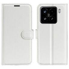 Custodia per telefono in pelle con flip orizzontale con texture Litchi per Xiaomi 15 con supporto (bianca)