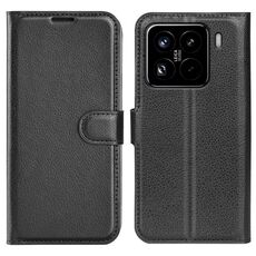 Custodia per telefono in pelle con texture Litchi per Xiaomi 15 Pro con supporto e flip orizzontale (nero)
